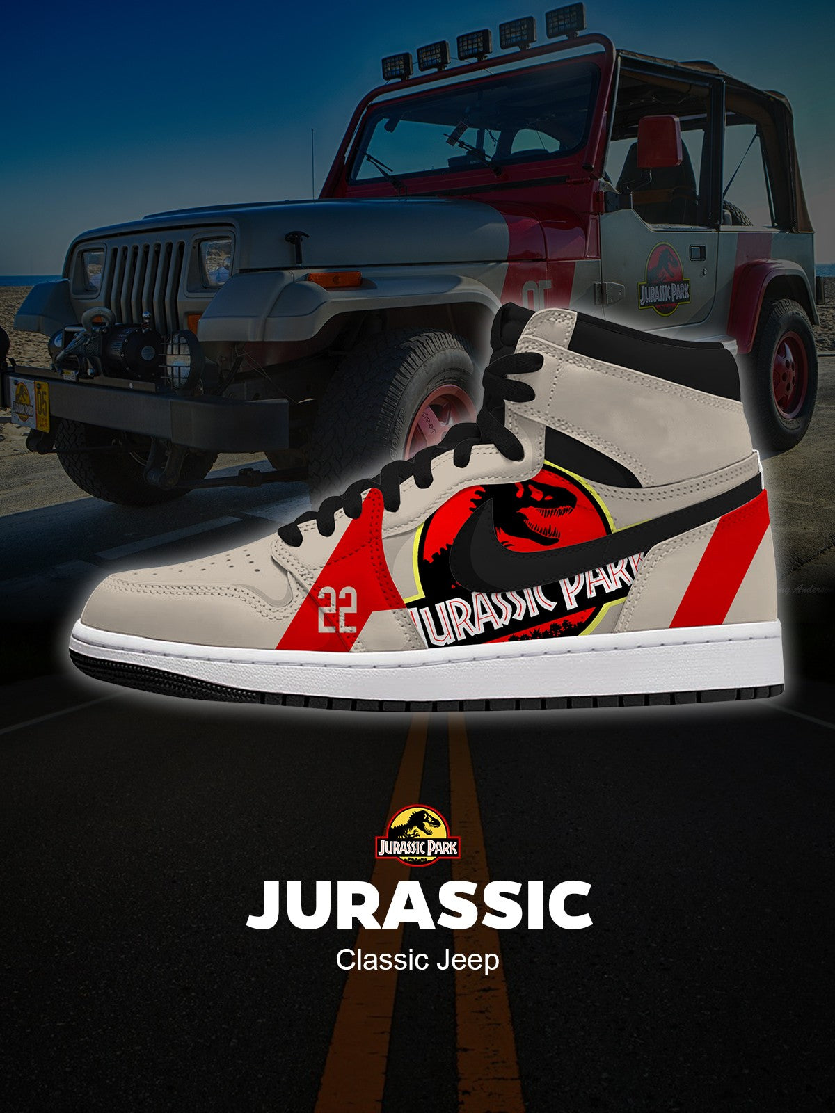 Baskets montantes personnalisées Jurassic Classic Jeep V.1